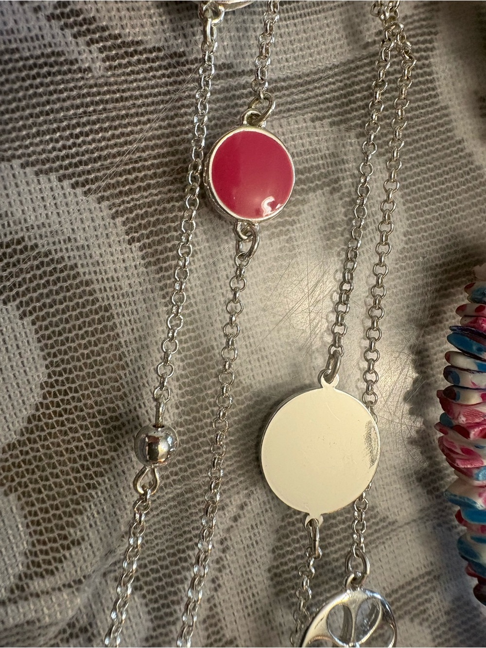 Silver Chain Necklace with Pink Enamel Disc - Women Jewelry